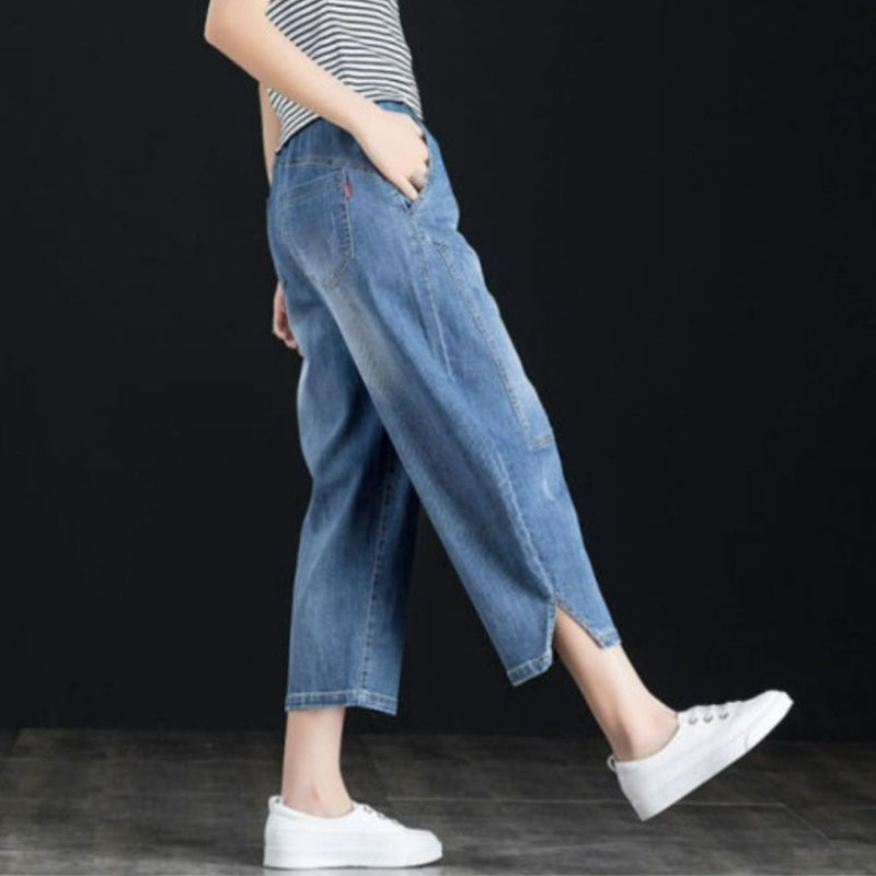 寬鬆大碼鬆緊高腰薄款哈倫七分牛仔褲