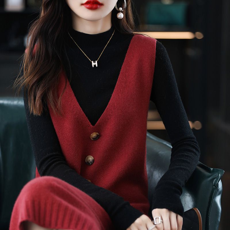 寬鬆針織無袖V領中長款馬甲洋裝-lululam