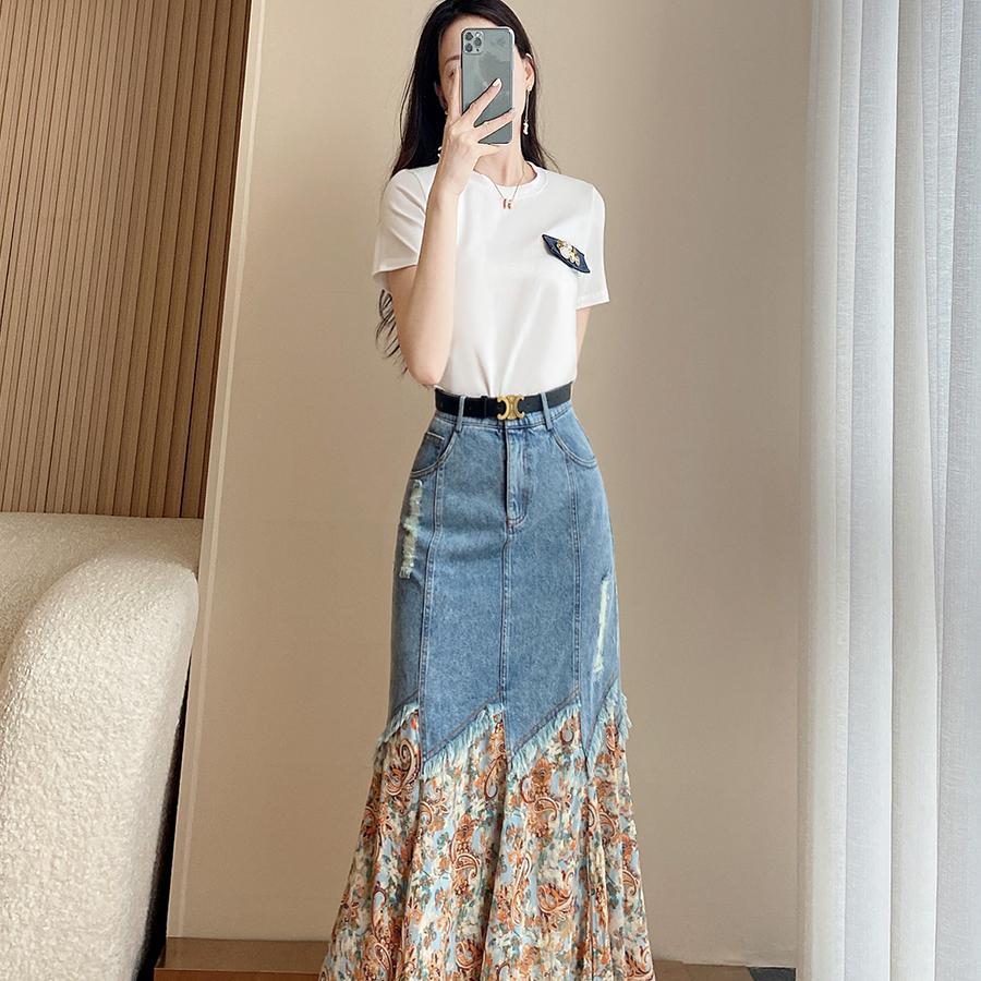 【單件/套裝】甜美短袖T恤+高腰拼接牛仔裙兩件套裝