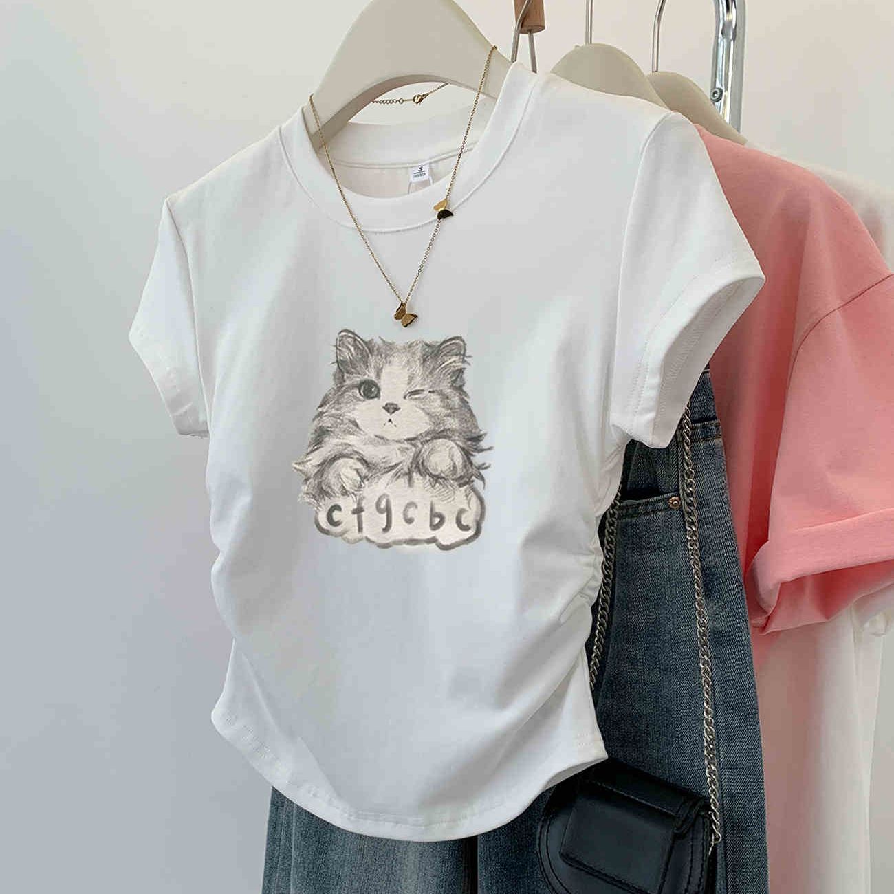 貓咪印花正肩小眾修身顯瘦短袖t恤