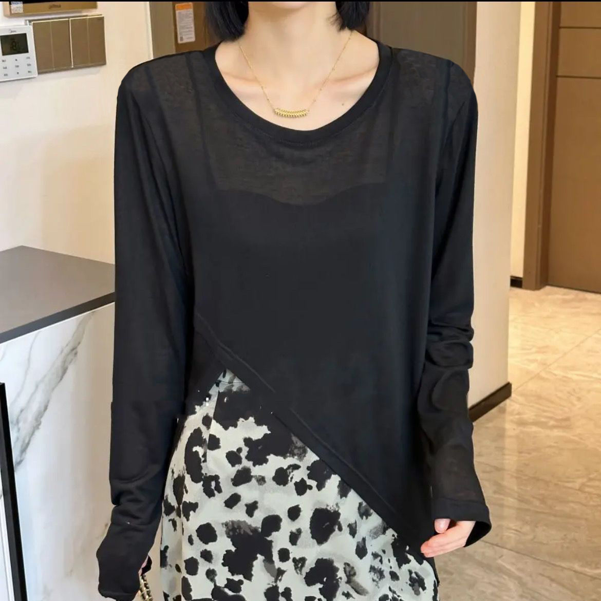 【單件/套裝】時尚不規則防曬長袖T恤+豹紋半身裙兩件套裝-lululam