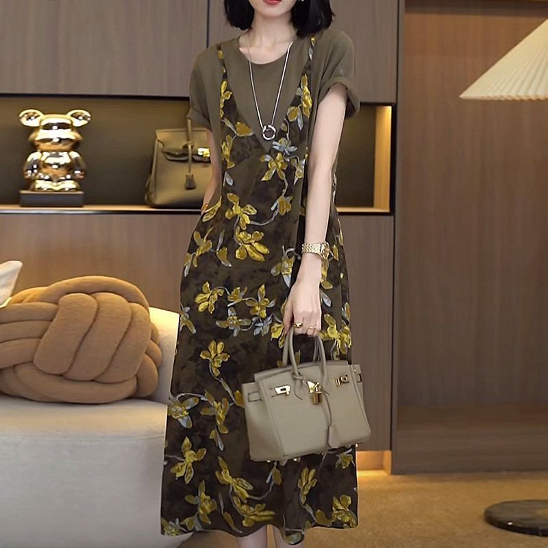 小香風有口袋吊帶假兩件大碼顯瘦過膝洋裝