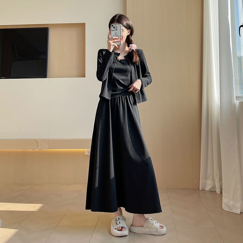 【單件/套裝】高級感韓系氣質針織開衫+吊帶+半身裙/褲子三件套-lululam