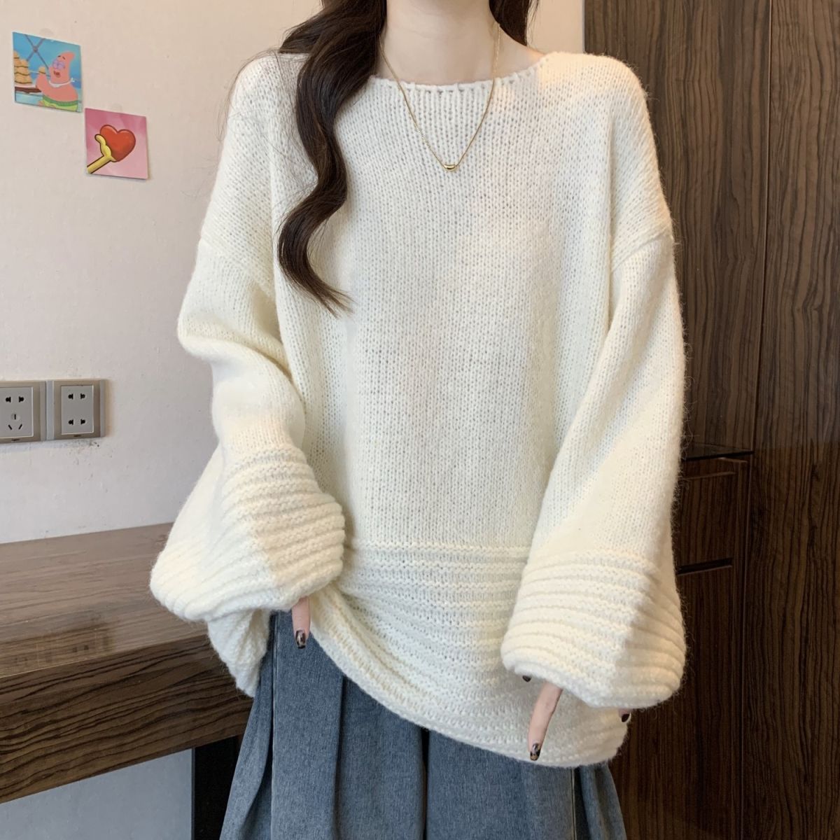 寬松燈籠袖大碼中長款軟糯慵懶風針織毛衣-lululam