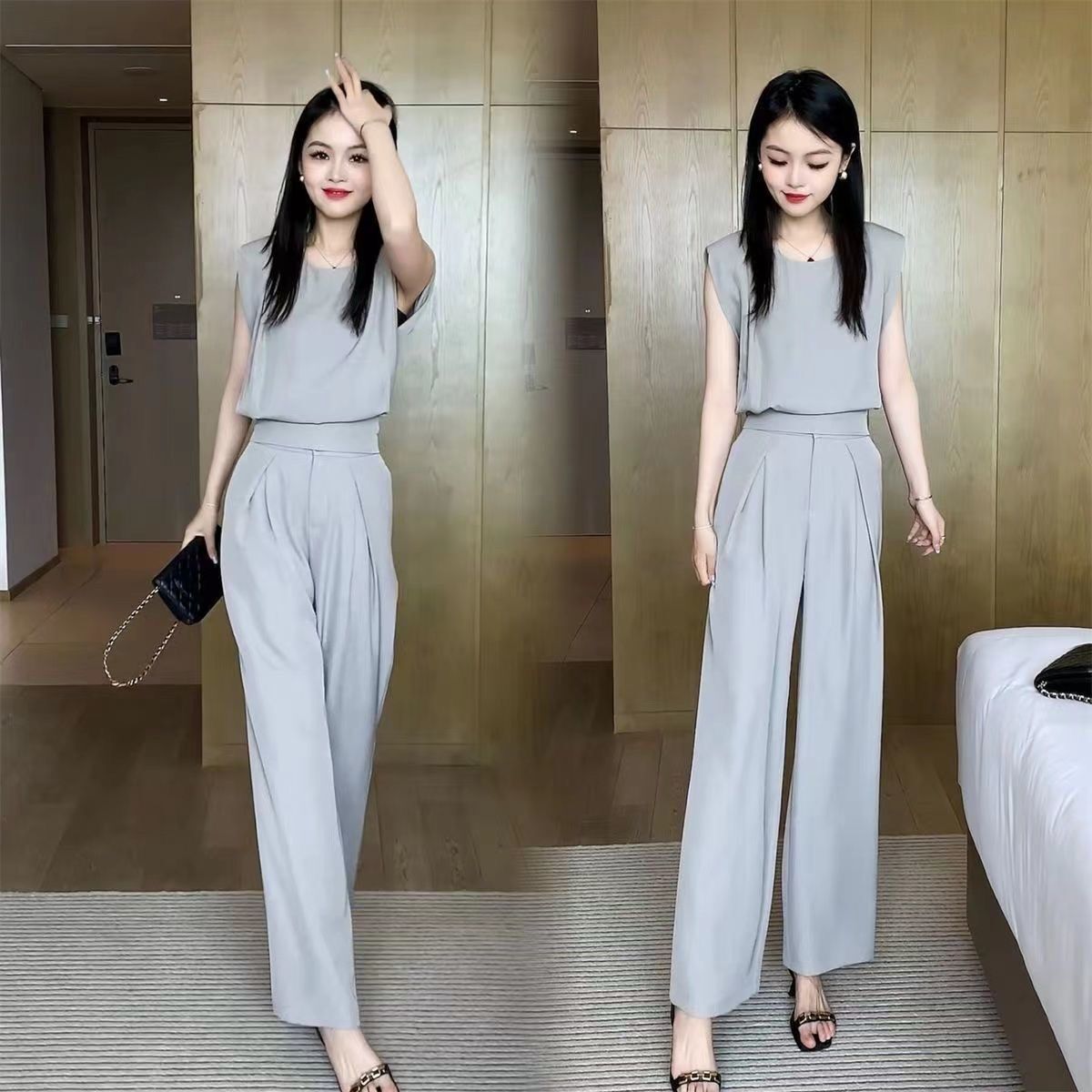 【整套】氣質減齡無袖上衣+垂感顯瘦闊腿褲兩件套