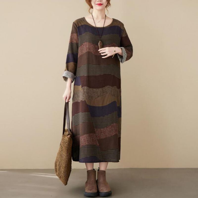 文藝洋氣復古亞麻條紋拼接棉麻洋裝-lululam