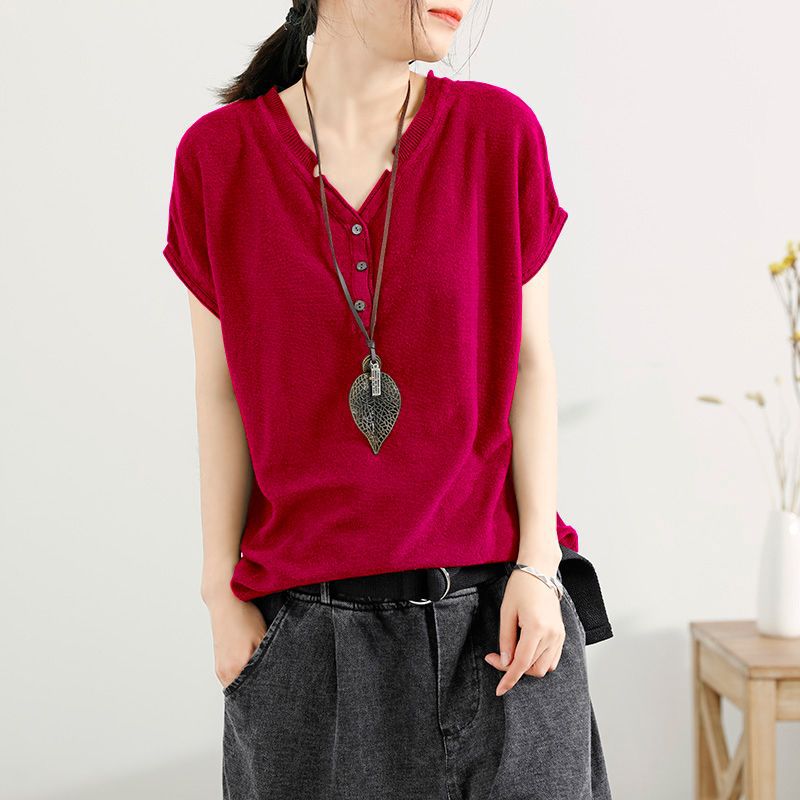 冰絲針織V領韓版套頭薄款打底寬鬆短袖-lululam