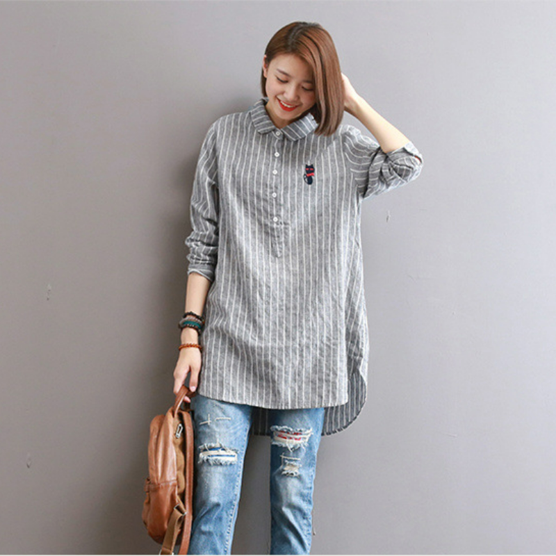寬鬆中長款刺繡條紋長袖棉質娃娃領襯衫-lululam