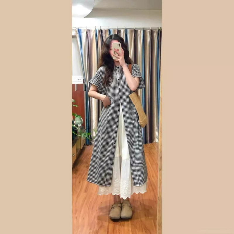 【單件】溫柔復古中長款格紋襯衫連身裙+寬鬆氣質半身裙兩件套裝-lululam