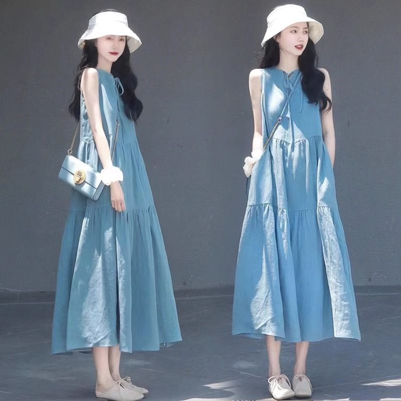 韓系甜美法式半開領長裙無袖洋裝-lululam