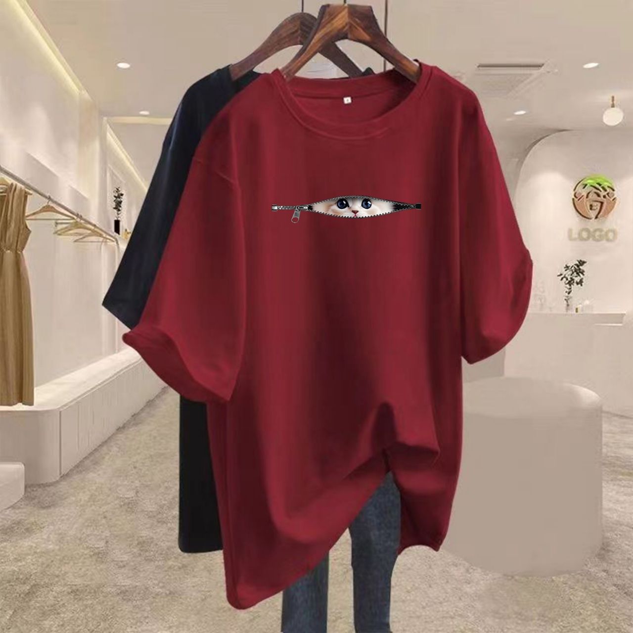 16色純棉寬鬆可愛貓咪寬鬆中長款百搭短袖T恤-lululam