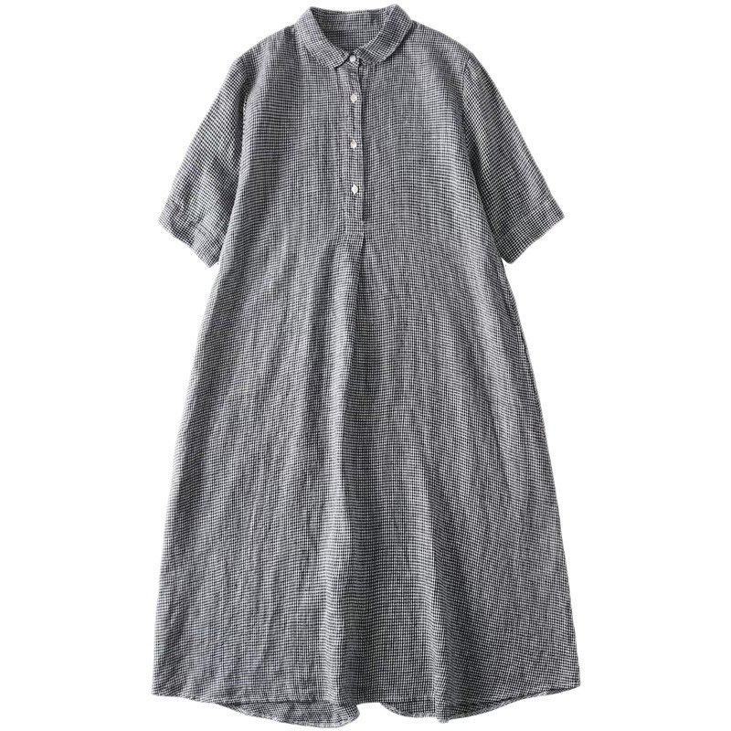 日系亞麻格子復古百搭休閒大下擺寬鬆連身裙-lululam