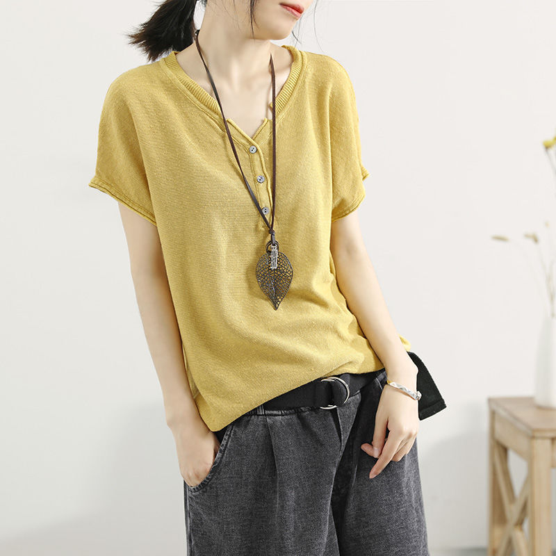 冰絲針織V領韓版套頭薄款打底寬鬆短袖-lululam