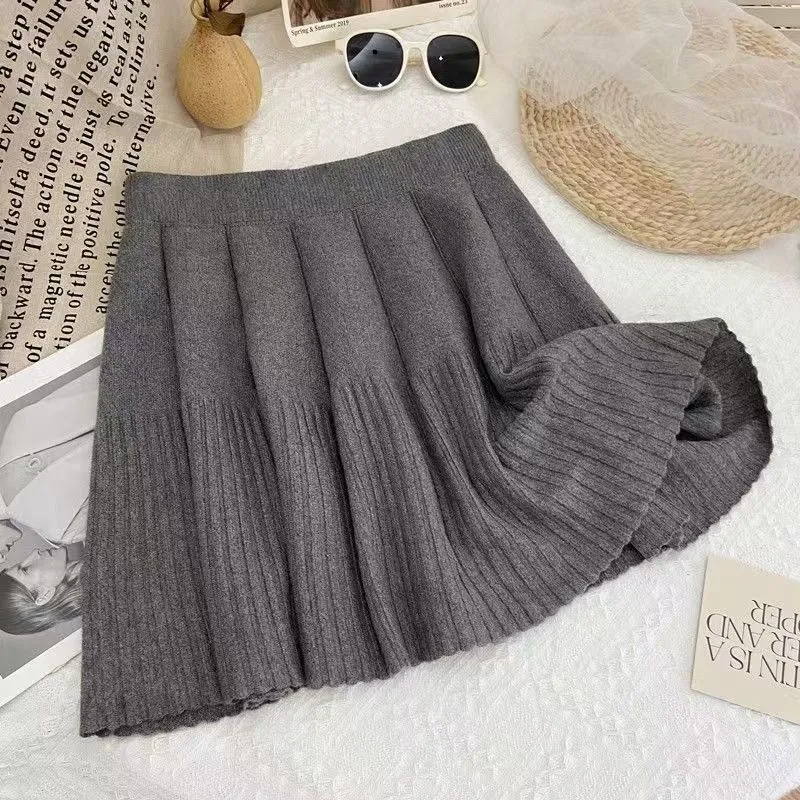 設計感顯瘦高腰針織裙遮跨A字百褶半身裙