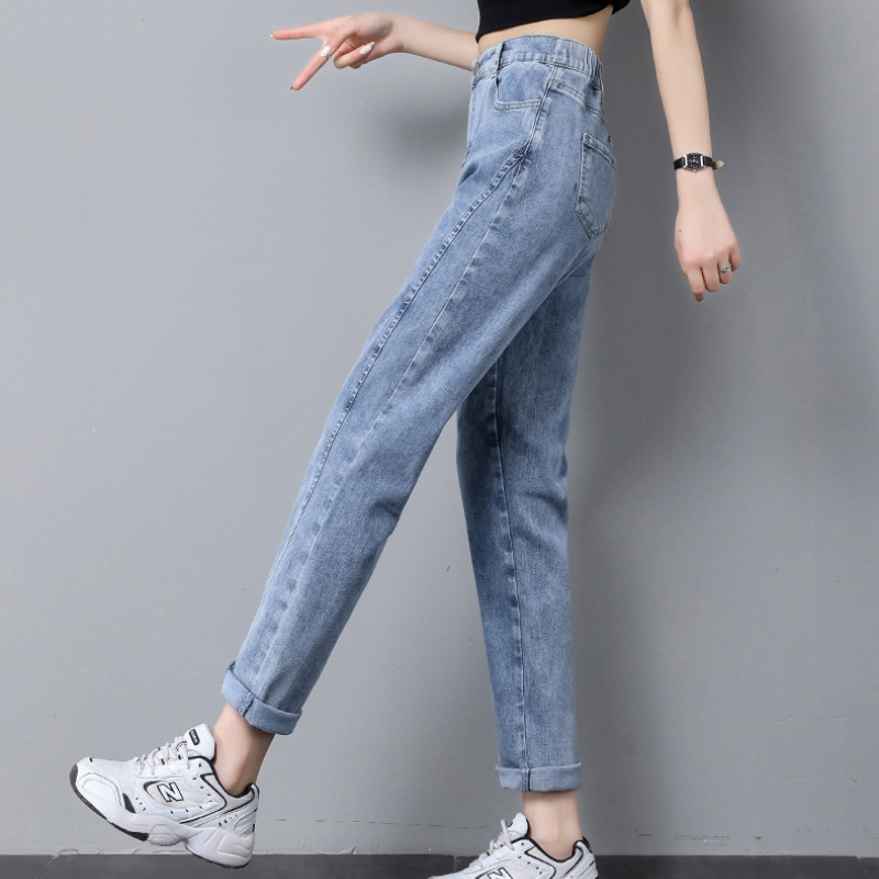 微喇型鬆緊高腰港風顯瘦小脚哈倫牛仔褲-lululam