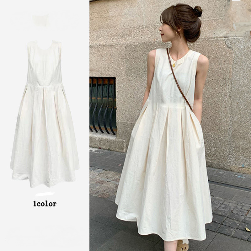 法式收腰顯瘦中長款蓬蓬大擺無袖洋裝-lululam