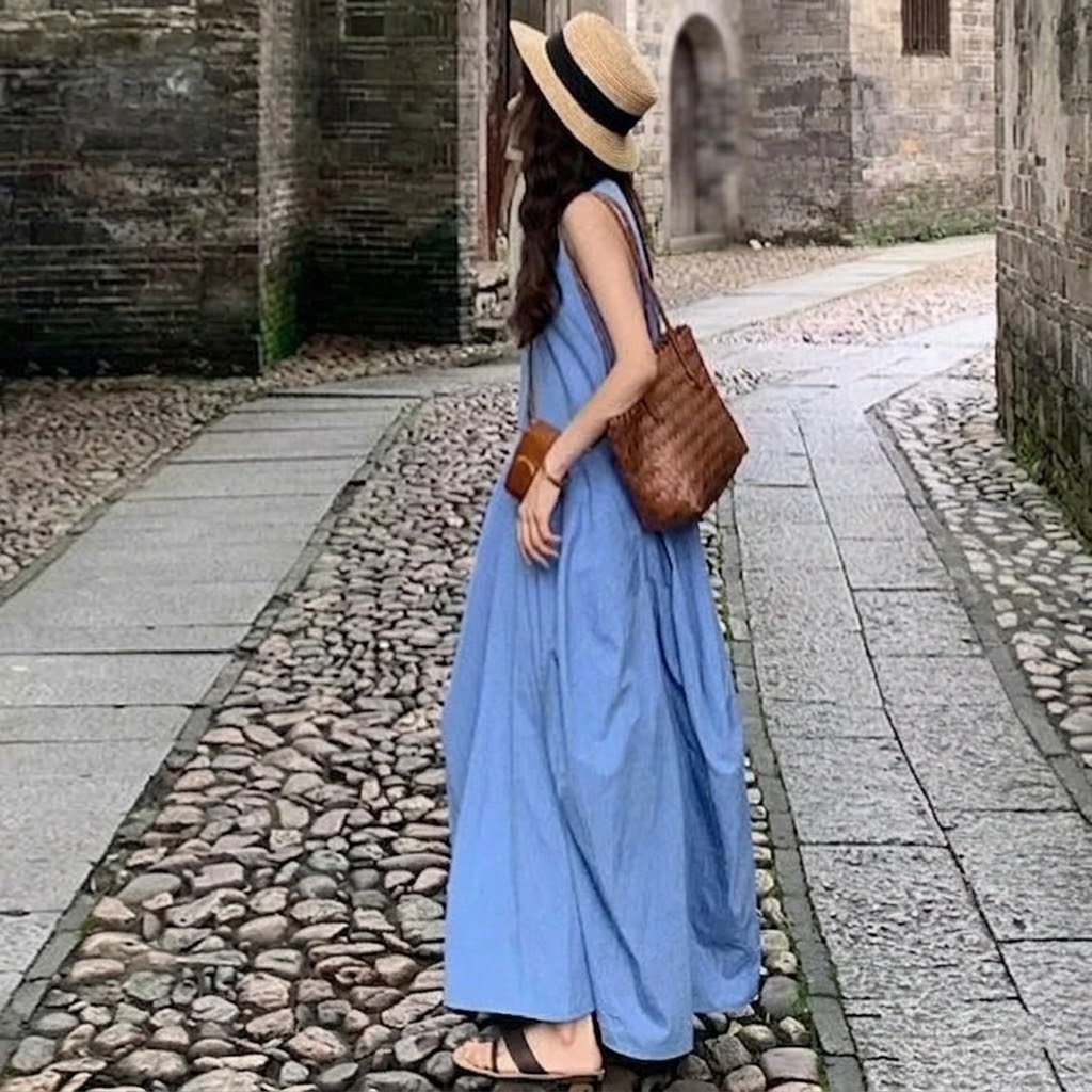 海邊度假法式氣質超好看藍色長裙無袖洋裝