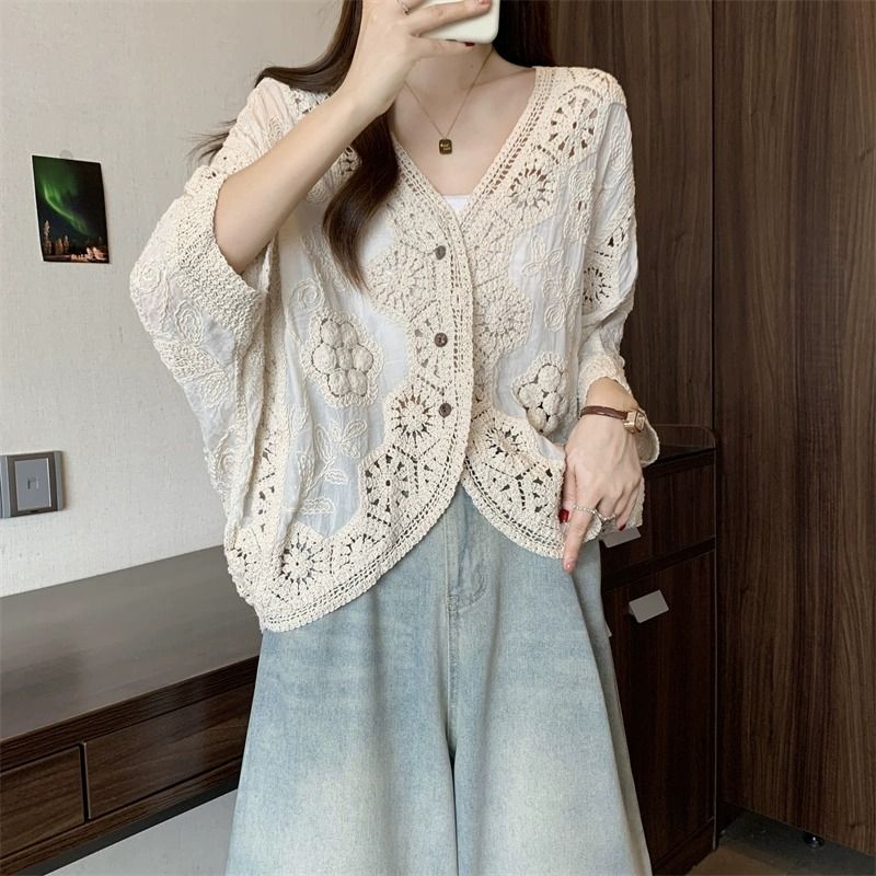 波西米亞風鉤花鏤空V領大碼防曬開衫襯衫-lululam