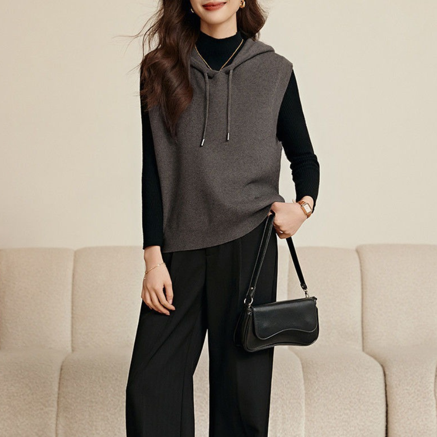 洋氣休閒經典百搭針織連帽背心馬甲-lululam