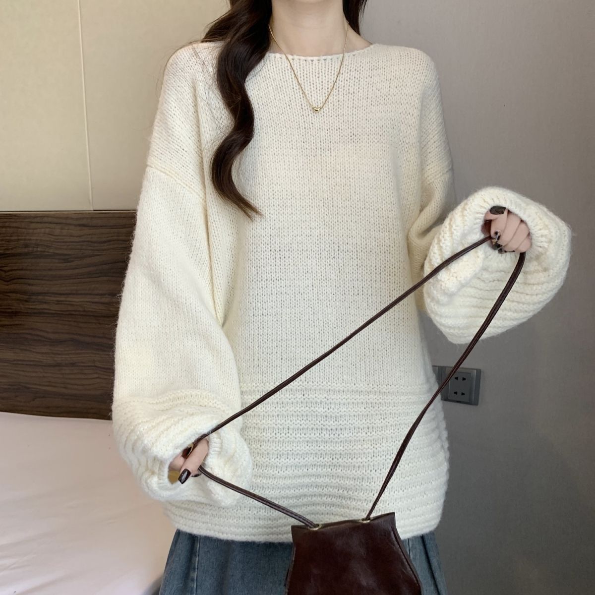 寬松燈籠袖大碼中長款軟糯慵懶風針織毛衣-lululam