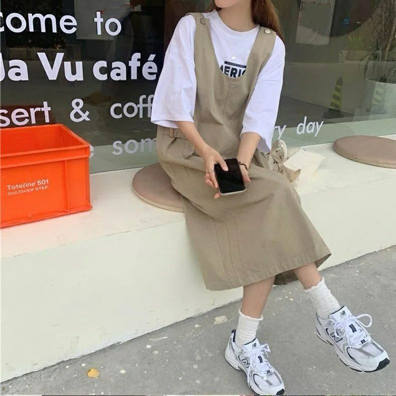 【單件/整套】日系顯瘦短袖減齡寬鬆背帶裙兩件套裝-lululam