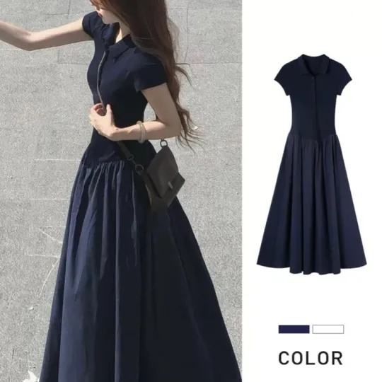 休閒polo領短袖拼接大擺慵懶長版洋裝