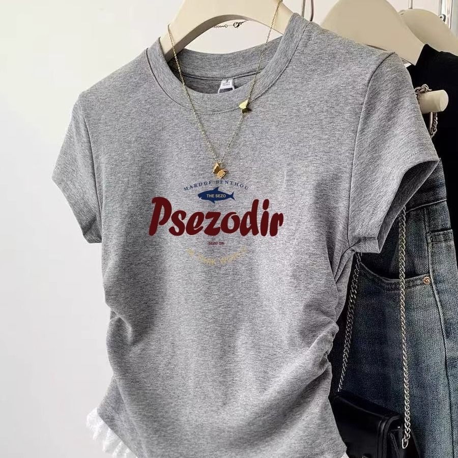 美式短款正肩蕾絲設計感褶皺收腰短袖t恤-lululam