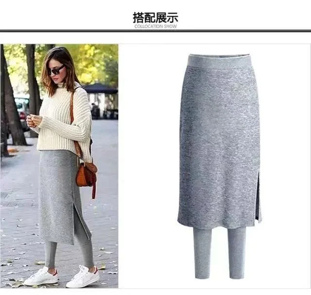 休閒簡約百搭外穿加絨/薄款假兩件裙褲-lululam