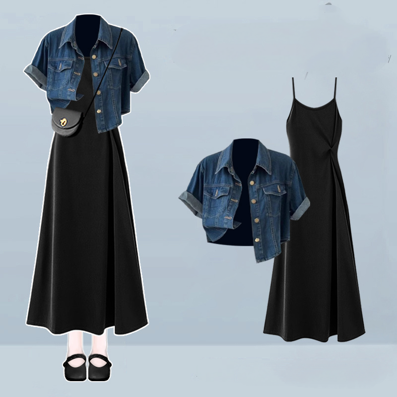 【單品/套裝】小香風短袖修身顯瘦長款洋裝兩件套裝-lululam