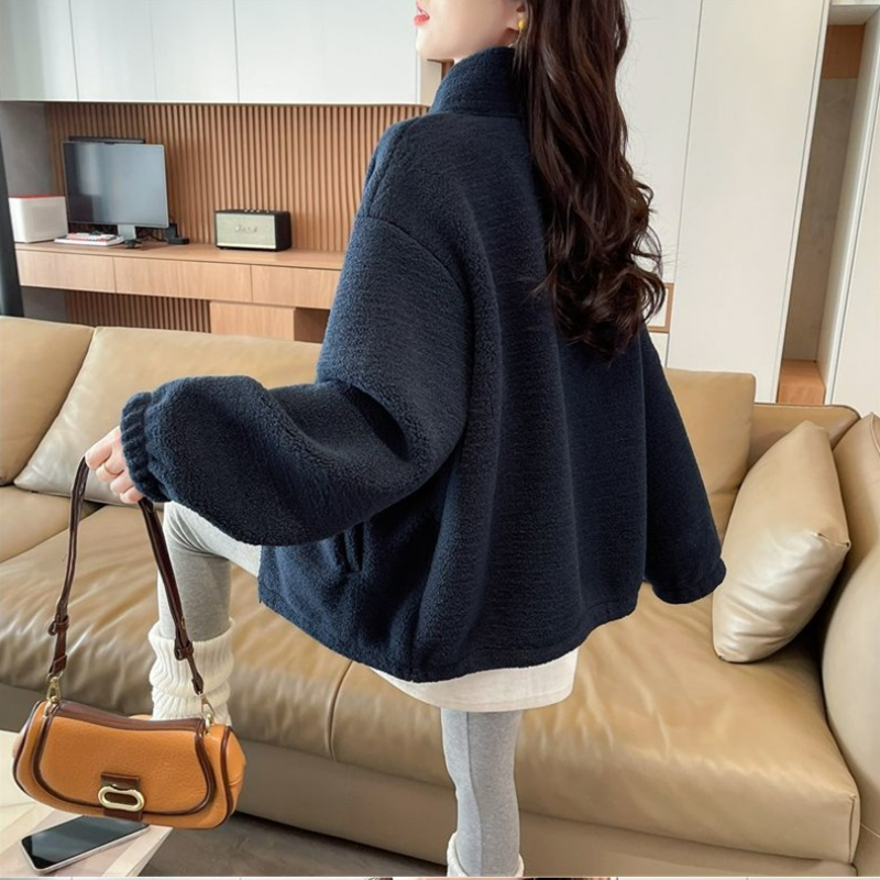 韓版笑臉刺繡拉鍊加厚立領羊羔絨外套