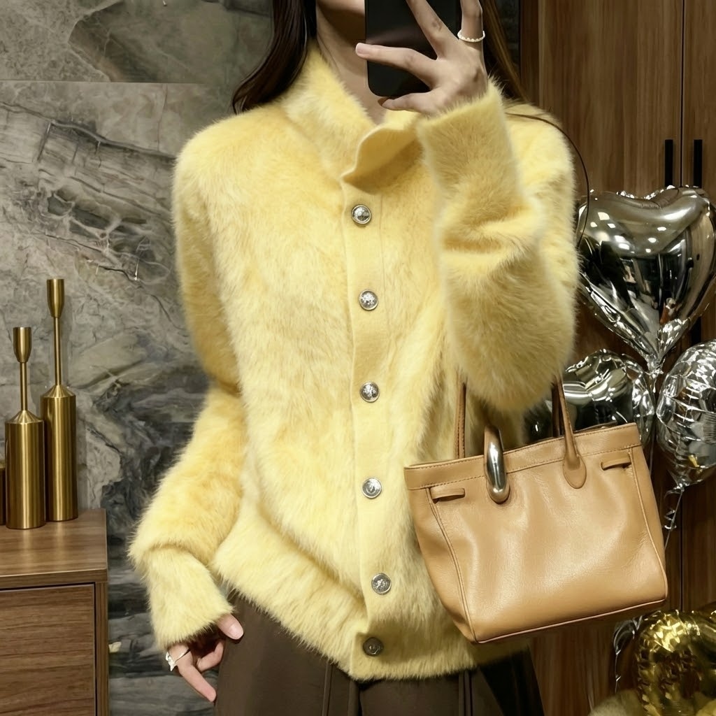 仿水貂韓系慵懶毛衣外套寬鬆針織開衫