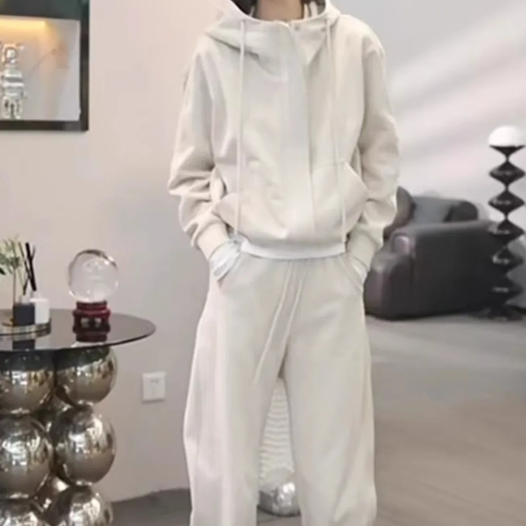 【整套】加厚刷毛時尚長袖連帽外套+休閒束脚褲兩件套裝