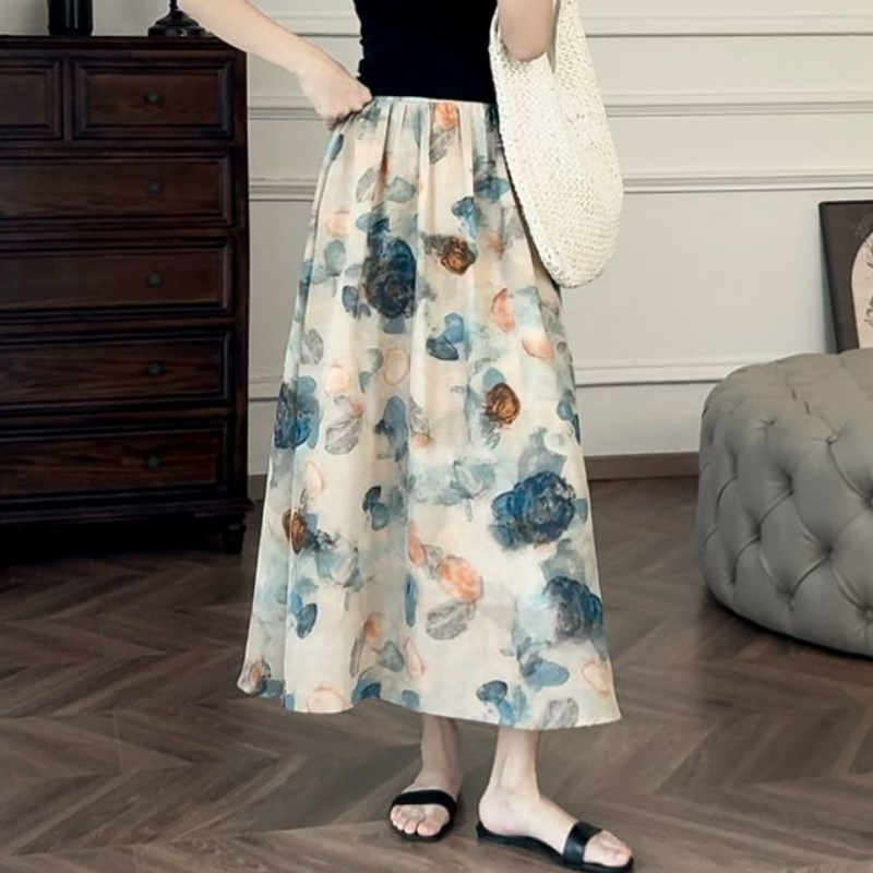 藝術系水墨暈染A字鬆緊腰半身裙-lululam