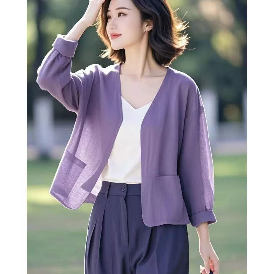 輕薄棉麻素色寬鬆七分袖防曬開衫