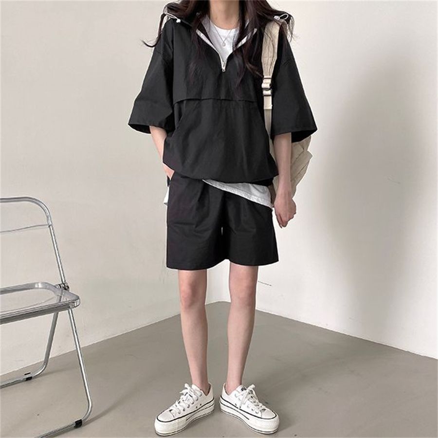 【整套】韓版素色寬松連帽短袖+百搭休閑褲兩件套