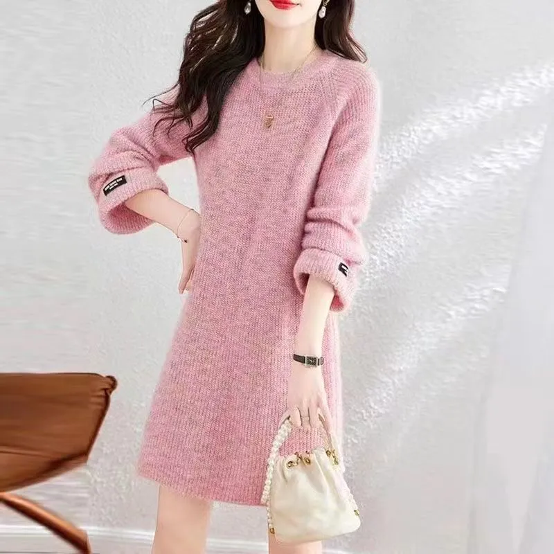 慵懶風寬鬆系帶中長版針織毛衣洋裝