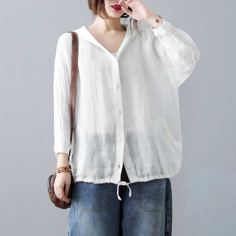 復古連帽棉麻寬鬆文藝防曬中長款空調開衫-lululam