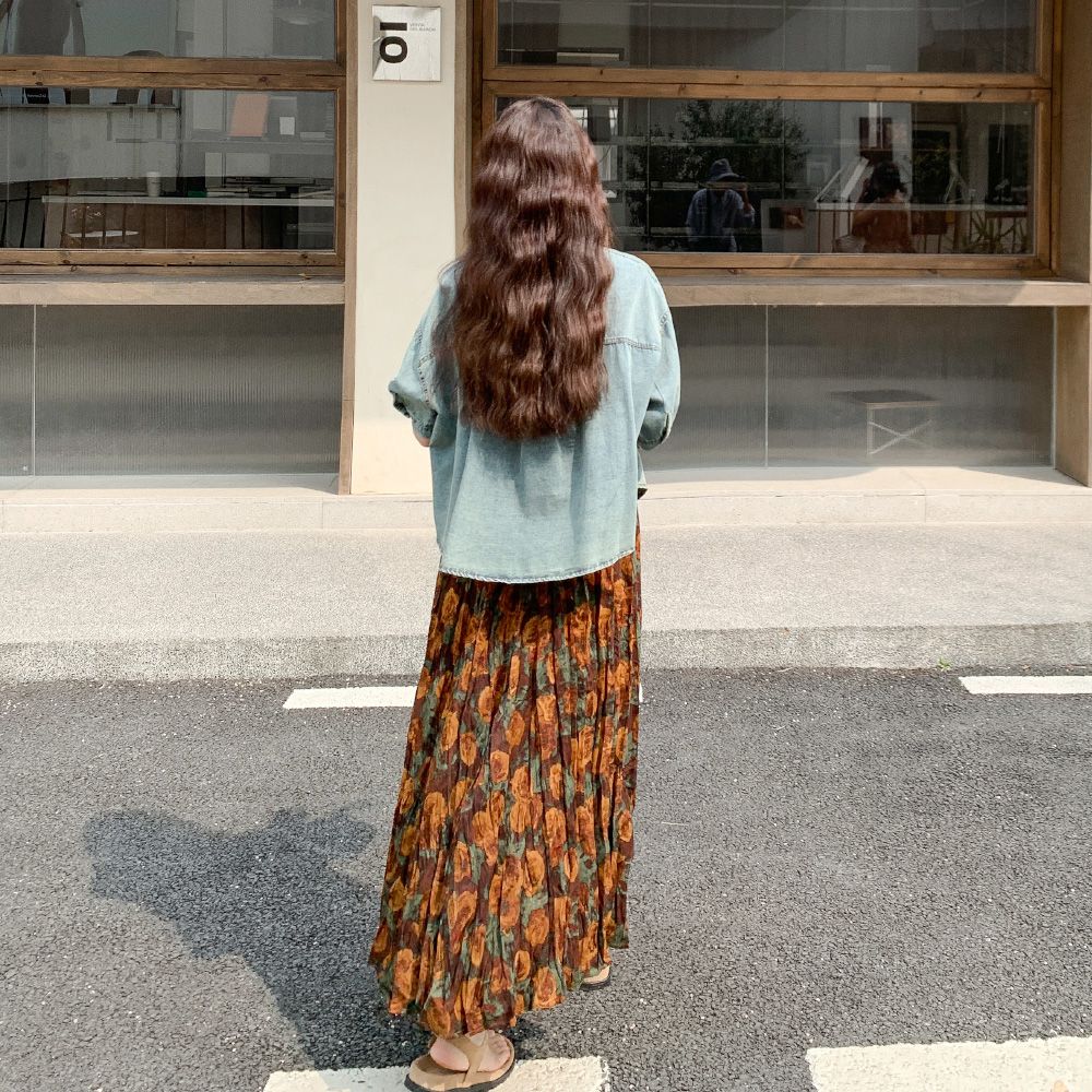 【單品/套裝】短袖牛仔襯衫碎花半身裙兩件套裝-lululam