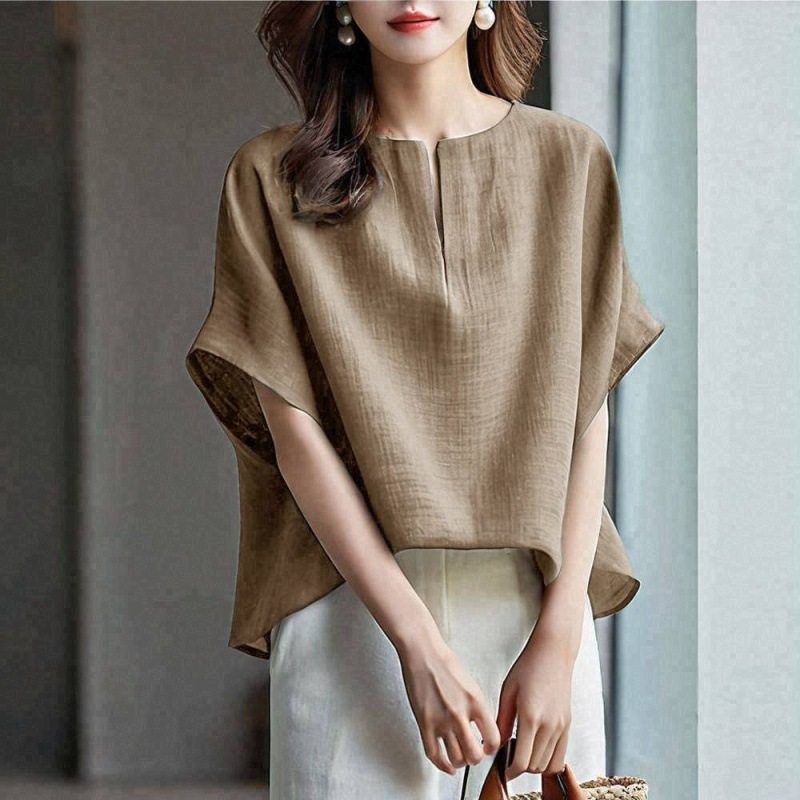 日系3色新款圓蝙蝠袖v領短袖-lululam