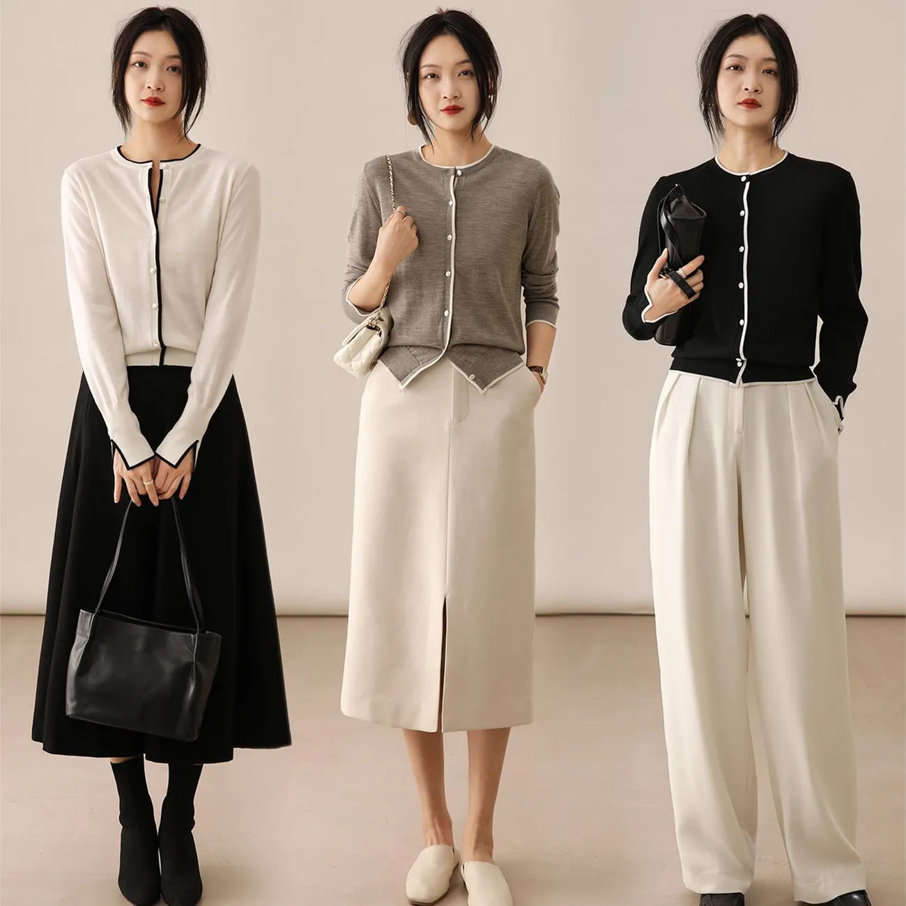 圓領簡約通勤拼色氣質長袖針織開衫