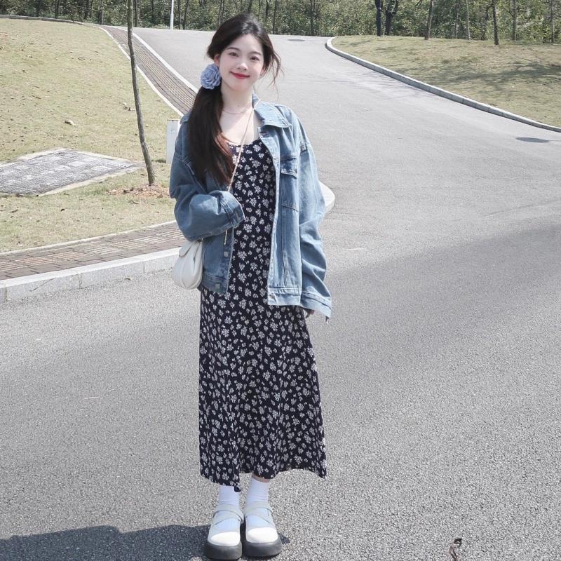 【單件/套裝】韓系牛仔外套+碎花吊帶洋裝兩件套裝
