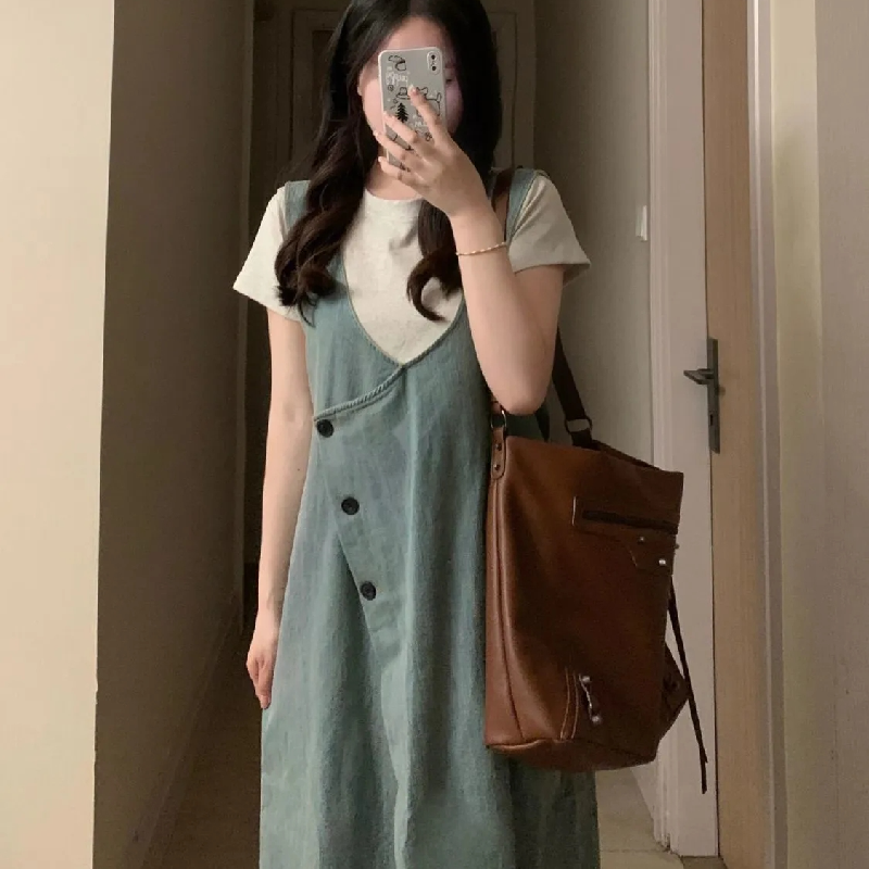 【單件/套裝】百搭短袖設計感牛仔吊帶洋裝兩件套裝-lululam