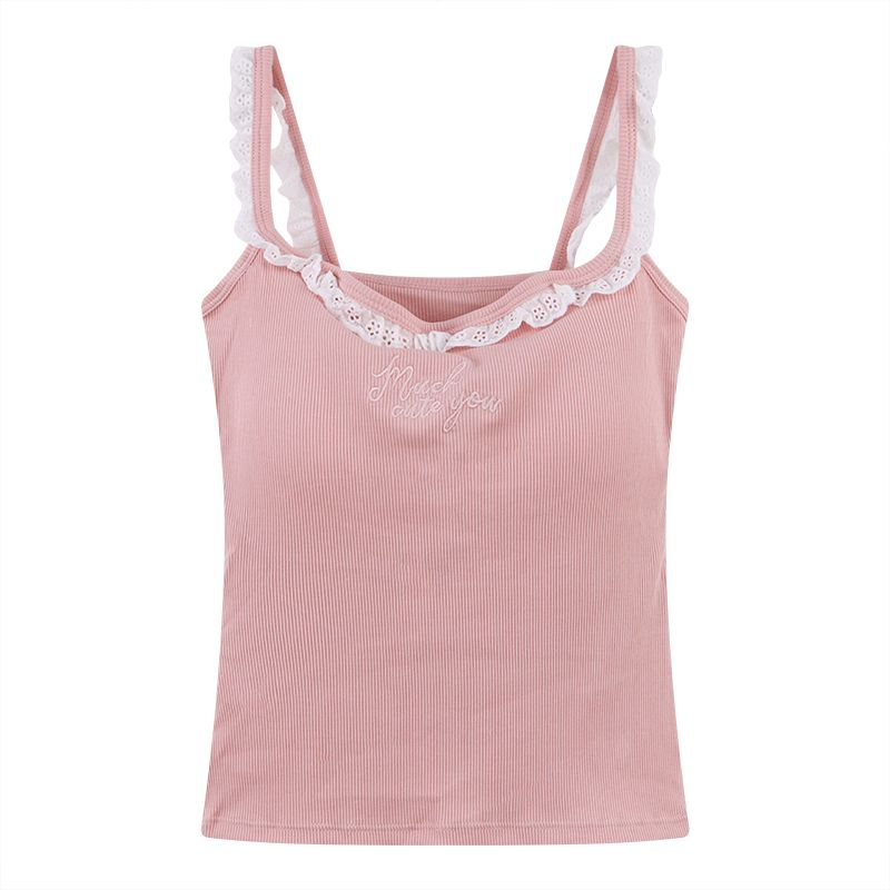 純欲蕾絲刺繡帶胸墊美背設計感顯瘦吊帶背心-lululam