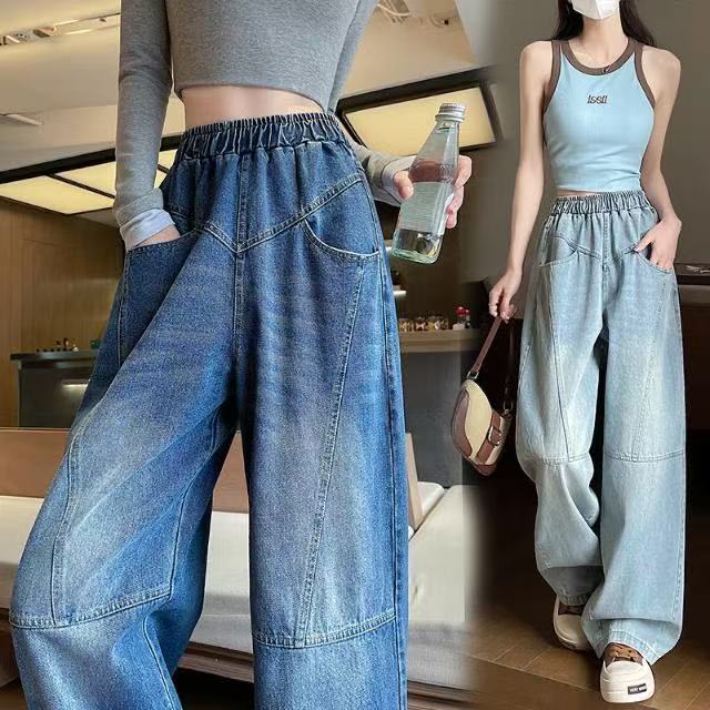 時尚大碼寬鬆顯瘦直筒闊腿鬆緊腰牛仔褲-lululam