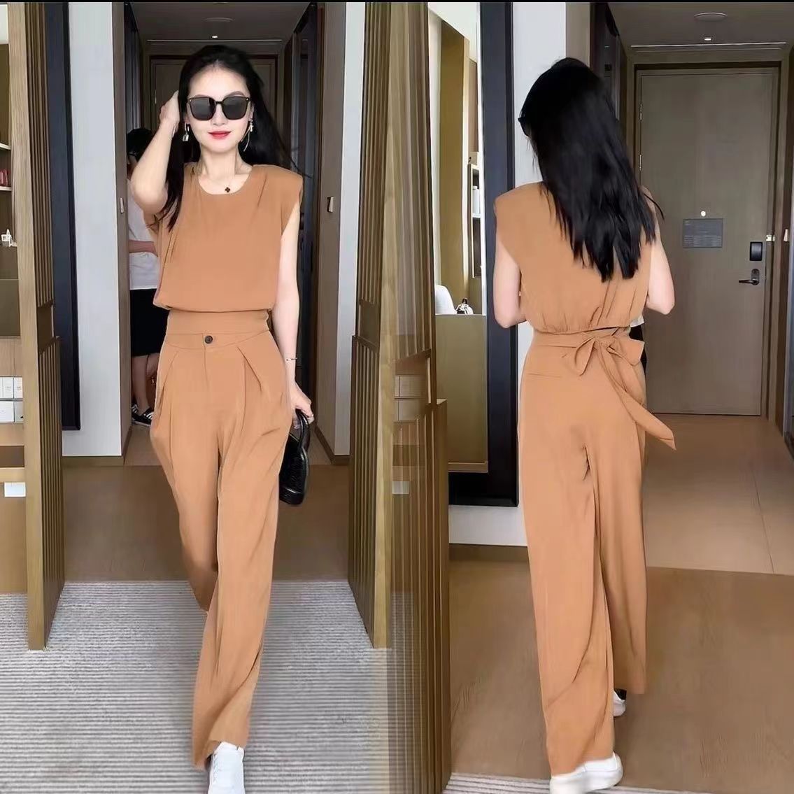 【整套】氣質減齡無袖上衣+垂感顯瘦闊腿褲兩件套