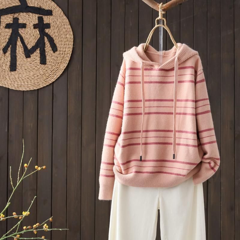 休閒慵懶長袖條紋顯瘦連帽針織毛衣