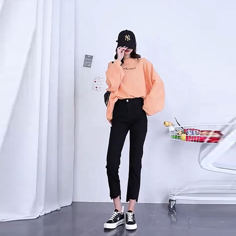 顯瘦高腰彈力緊身型破洞九分牛仔褲-lululam