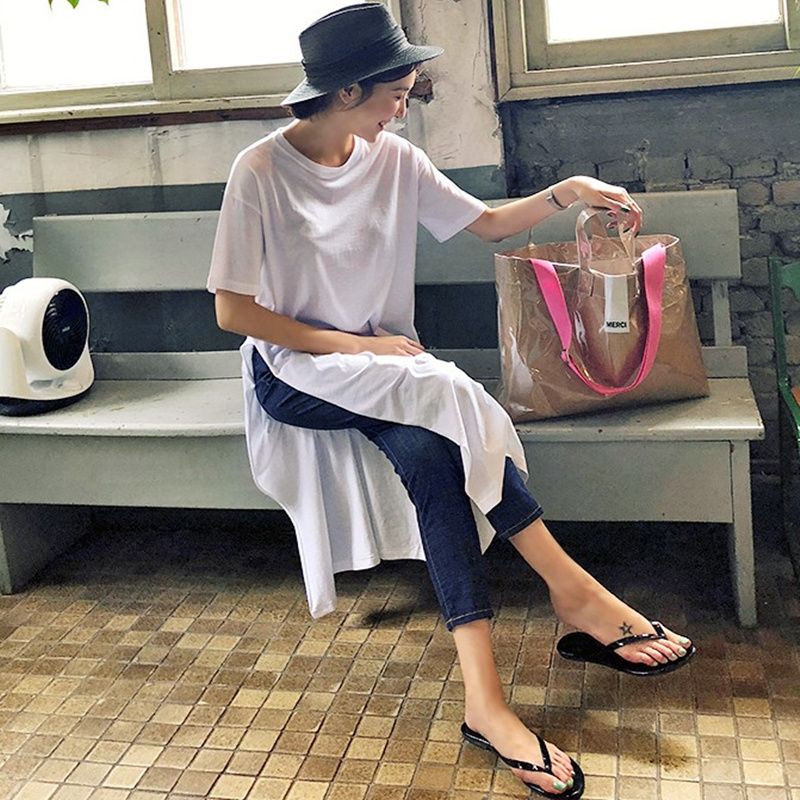 韓版寬鬆大碼休閒過膝長版雙開叉短袖T恤