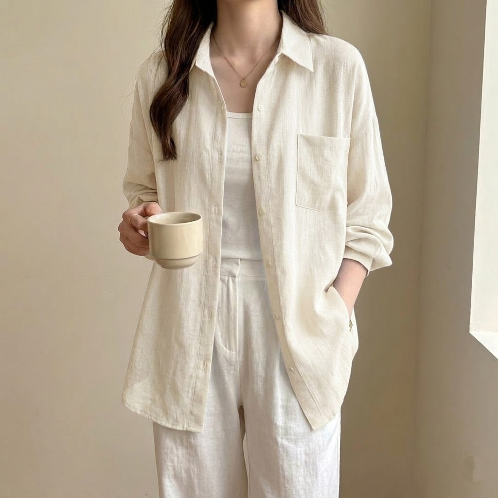 亞麻長袖薄款素色寬鬆防曬衣襯衫