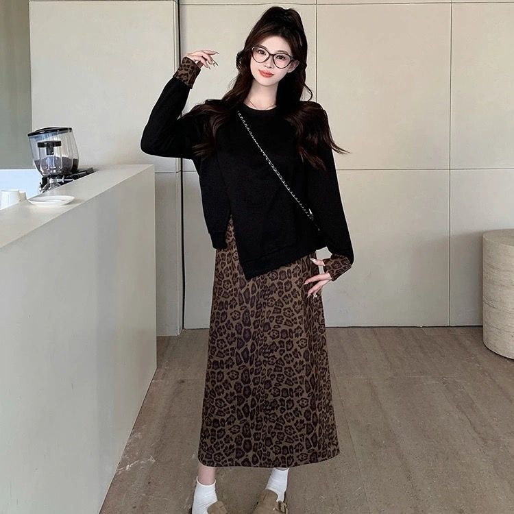 【單件/套裝】大碼不規則長袖T恤+顯瘦半身裙兩件套裝-lululam